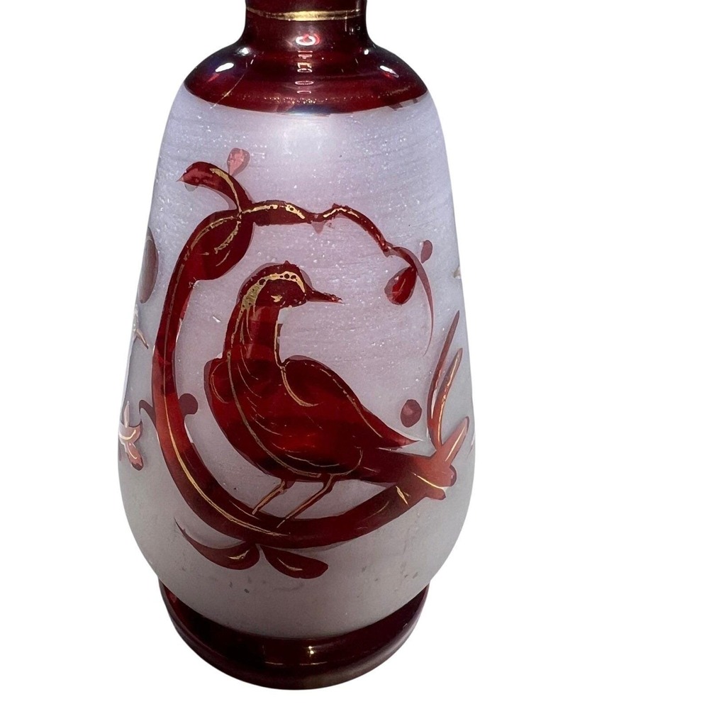 Ruby Red Bohemian Glass Vase Gold Deer and Bird Design‎ Bud Vase Decor Handblown - Picture 10 of 14